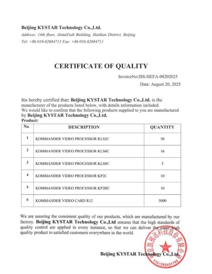 Giấy chứng nhận chất lượng CQ chính hãng Kystar cho 5000 Card R12 màn hình LED