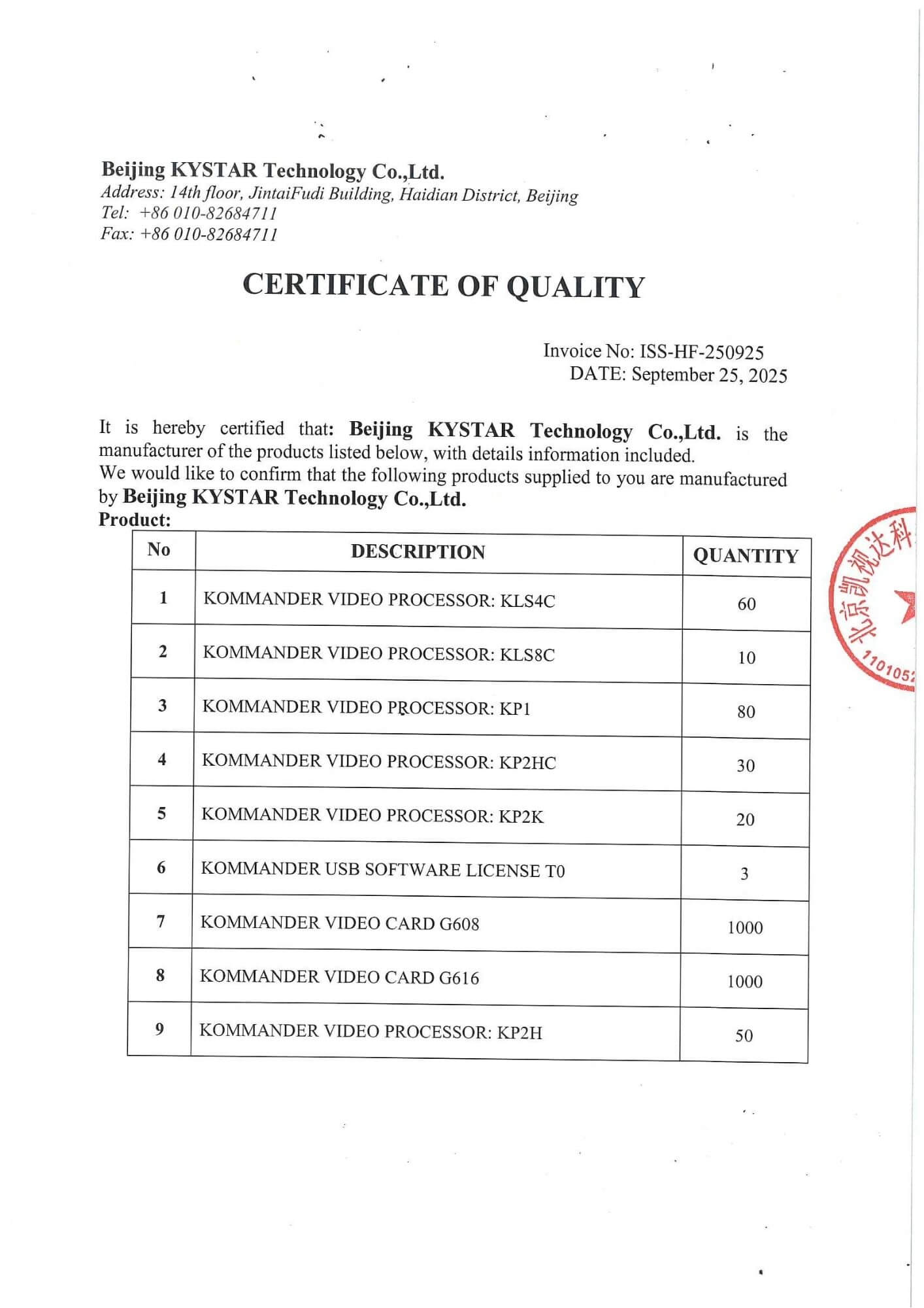 Giấy chứng nhận chất lượng CQ bộ xử lý hình ảnh Kystar KP1 tại Led Sun