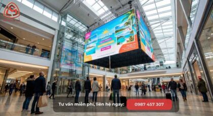 Màn hình LED P5 trong nhà treo thả trần tại trung tâm thương mại, tối ưu cho khoảng cách quan sát xa