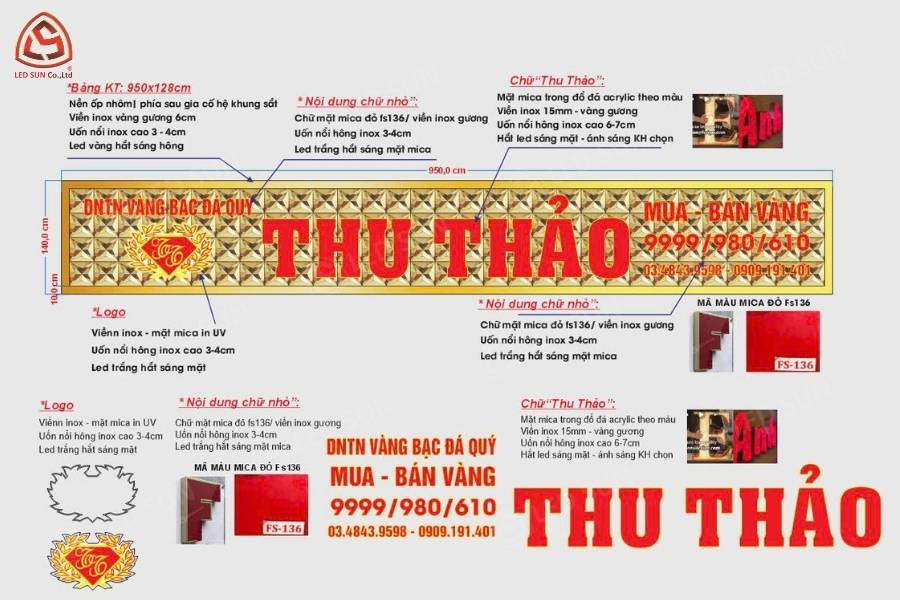 Bản thiết kế chi tiết bảng hiệu tiệm vàng Thu Thảo.
