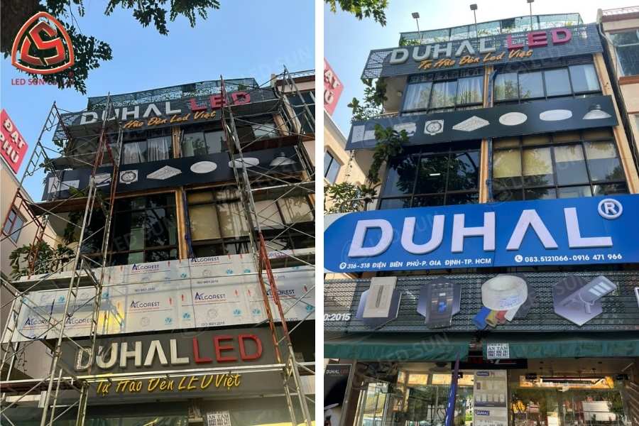 So sánh mặt tiền cửa hàng Duhal trước và sau khi lắp bảng hiệu.