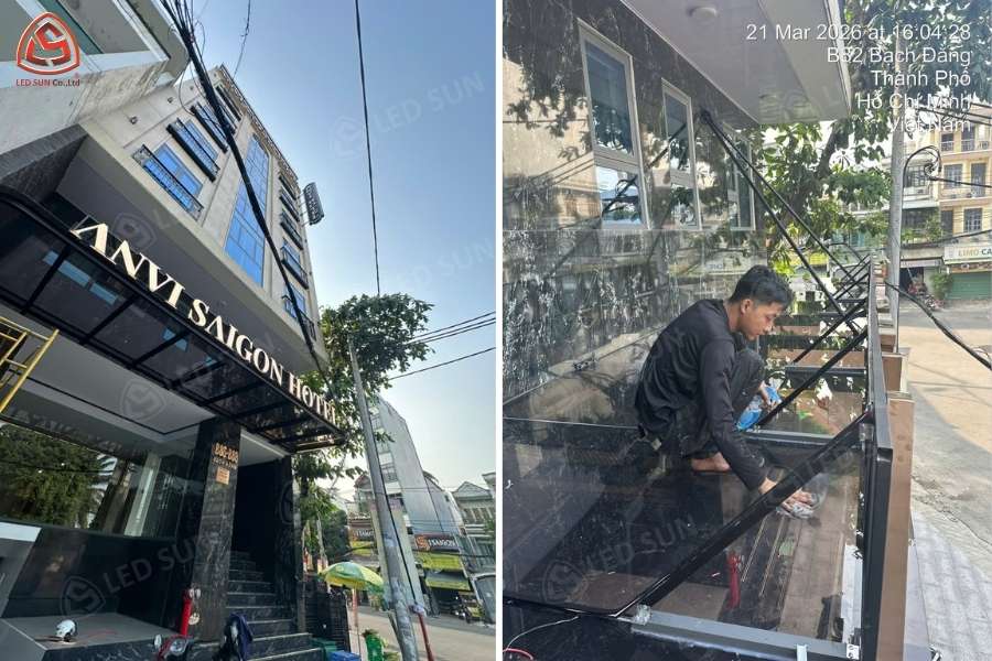 Thợ thi công chữ nổi canopy mặt tiền khách sạn