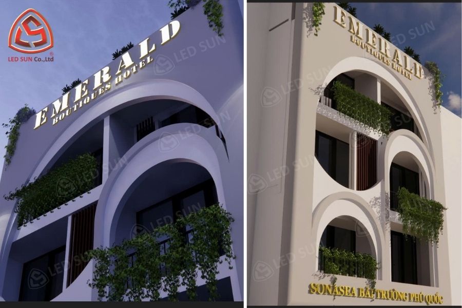 Dựng 3D bộ chữ mặt tiền khách sạn Emerald Boutique.