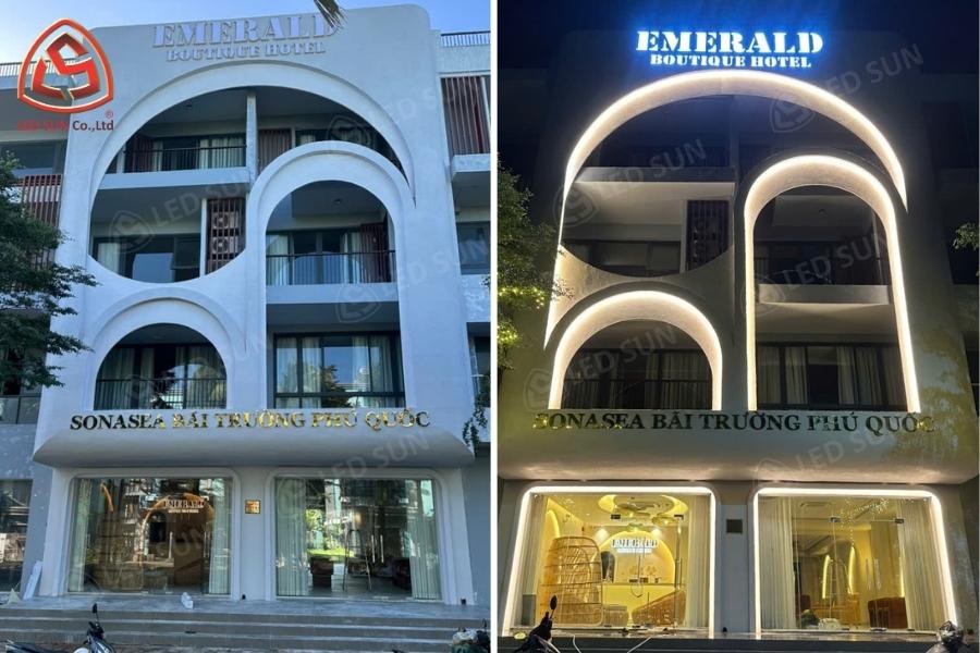 Mặt tiền Emerald Boutique ban ngày và ban đêm.